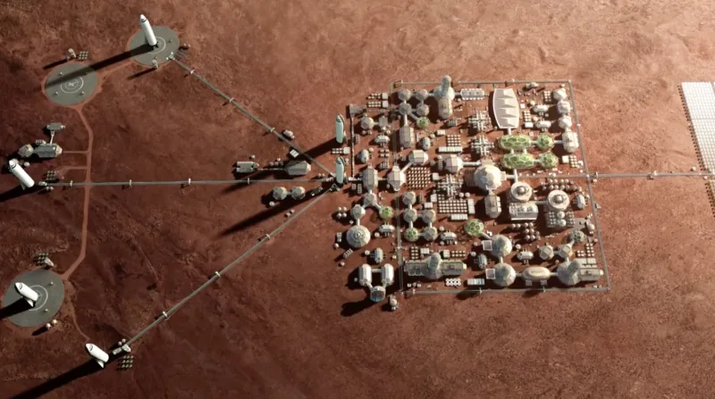 Artist rendering of a SpaceX Mars colony with Starship vehicles