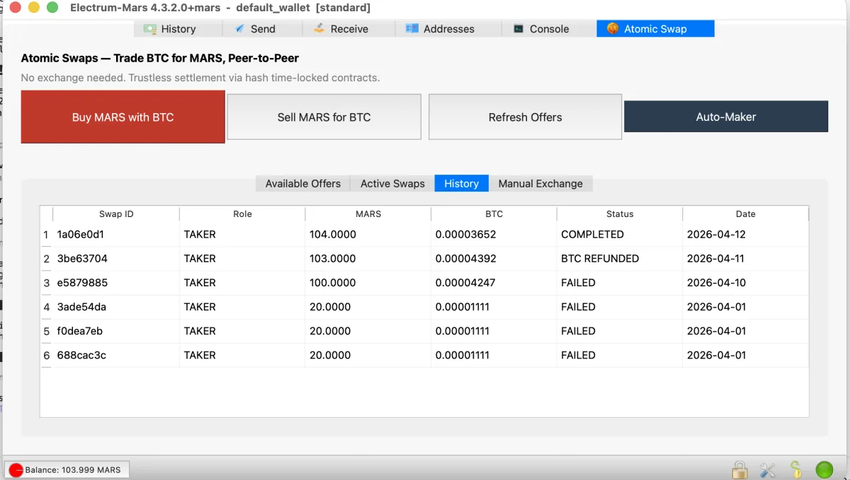 Atomic Swap in Electrum-Mars