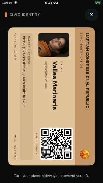 The Civic ID shown full screen in landscape, for presenting
