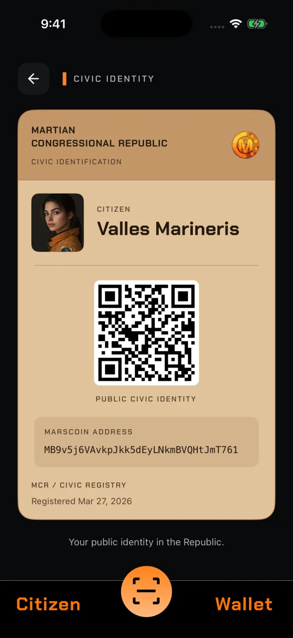 The redesigned Civic ID card of the Martian Congressional Republic