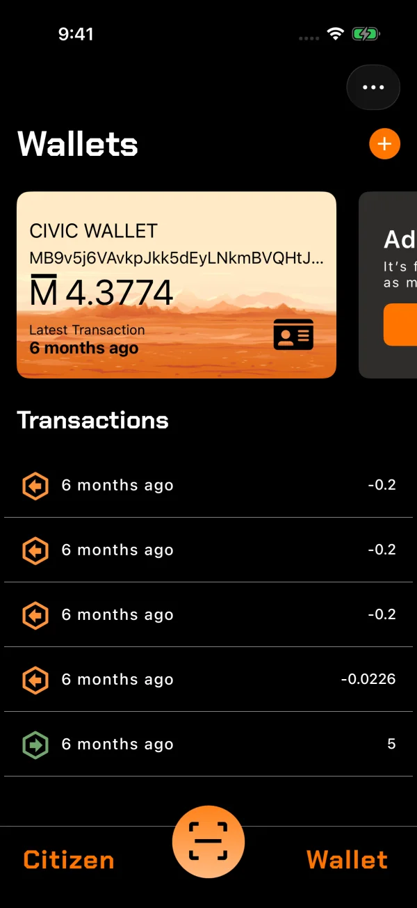 The civic wallet with its balance in MARS and recent transactions
