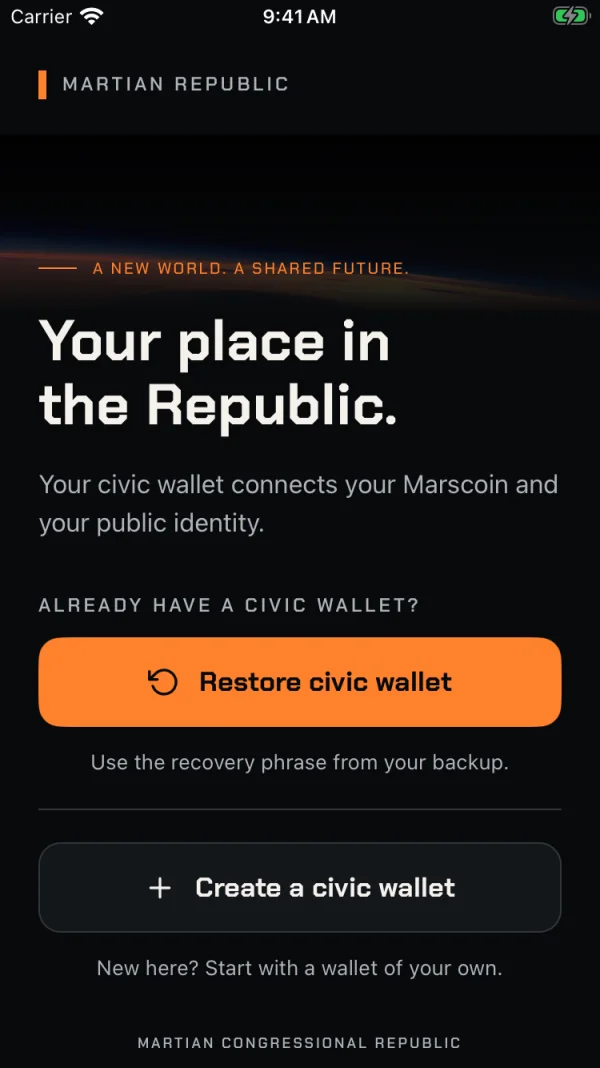 The new welcome screen: Your place in the Republic, with Restore civic wallet and Create a civic wallet